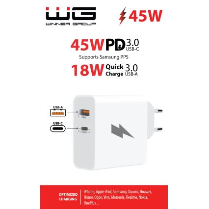 Winner Group - Ātrās uzlādes adapteris 1xUSB-C + 1xUSB-A Power Delivery 45W balta