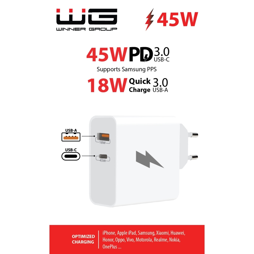 Winner Group - Ātrās uzlādes adapteris 1xUSB-C + 1xUSB-A Power Delivery 45W balta