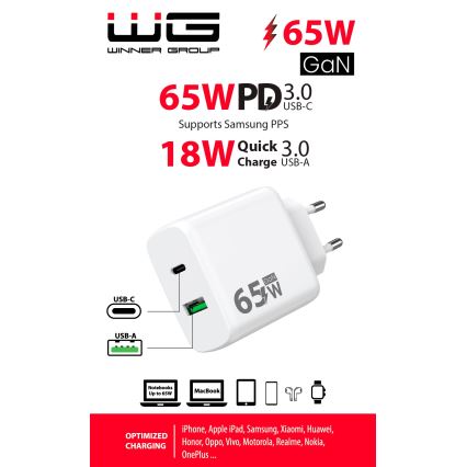Winner Group - Ātrās uzlādes adapteris 1xUSB-C + 1xUSB-A Power Delivery 65W balta