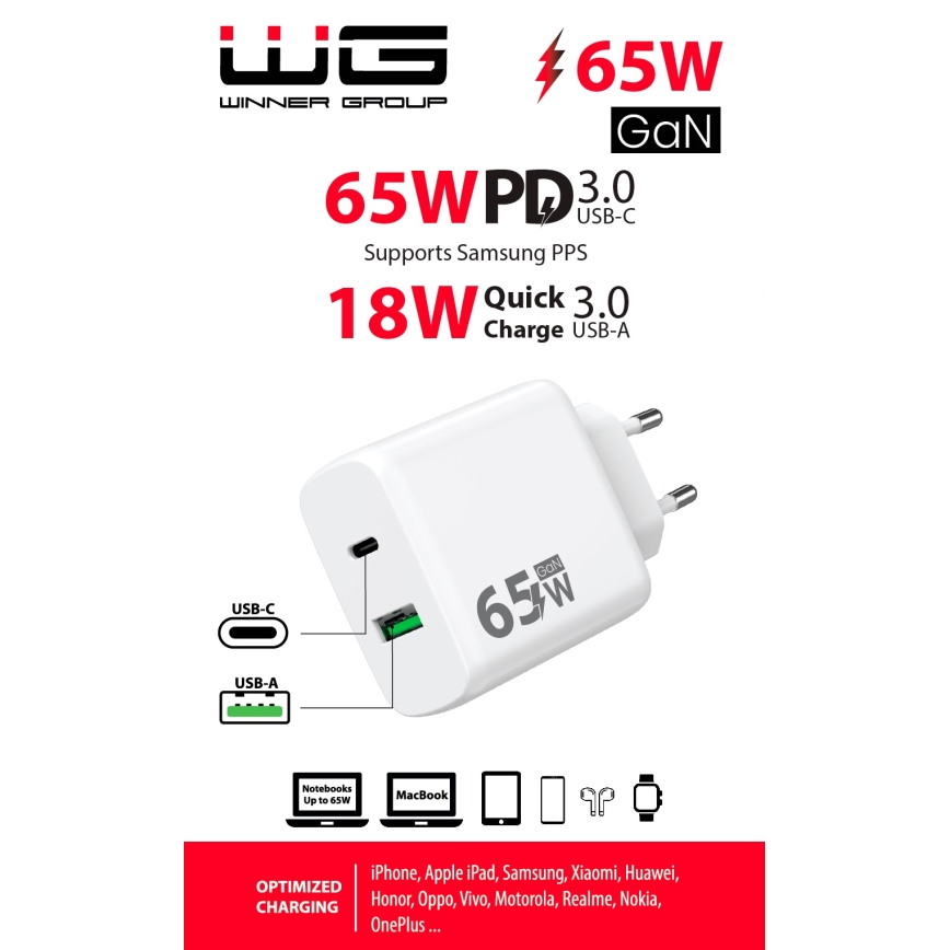 Winner Group - Ātrās uzlādes adapteris 1xUSB-C + 1xUSB-A Power Delivery 65W balta