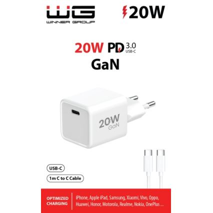 Winner Group- Ātrās uzlādes adapteris 1xUSB-C PD 20W + USB vads USB-C / USB-C 1m