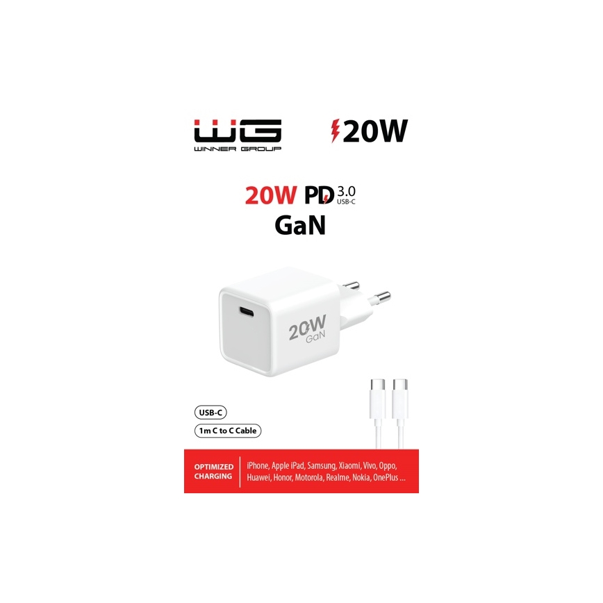 Winner Group- Ātrās uzlādes adapteris 1xUSB-C PD 20W + USB vads USB-C / USB-C 1m