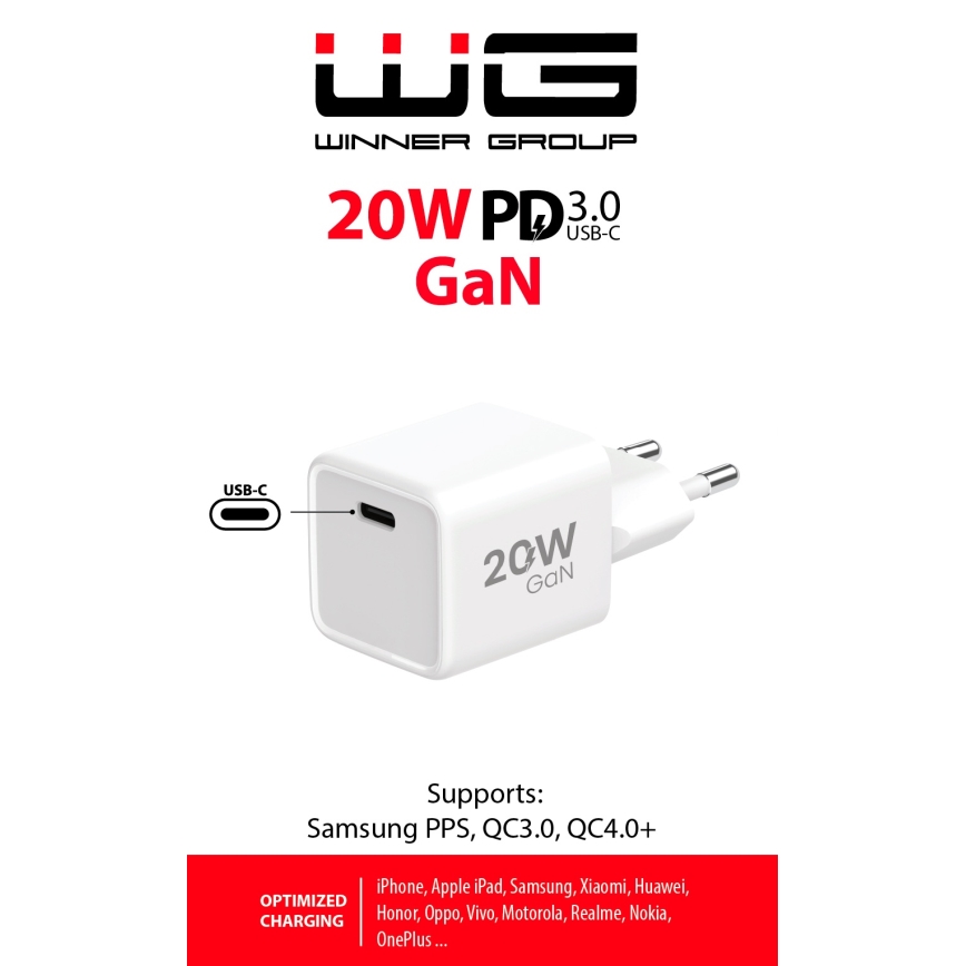 Winner Group - Ātrās uzlādes adapteris 1xUSB-C Power Delivery 20W balta