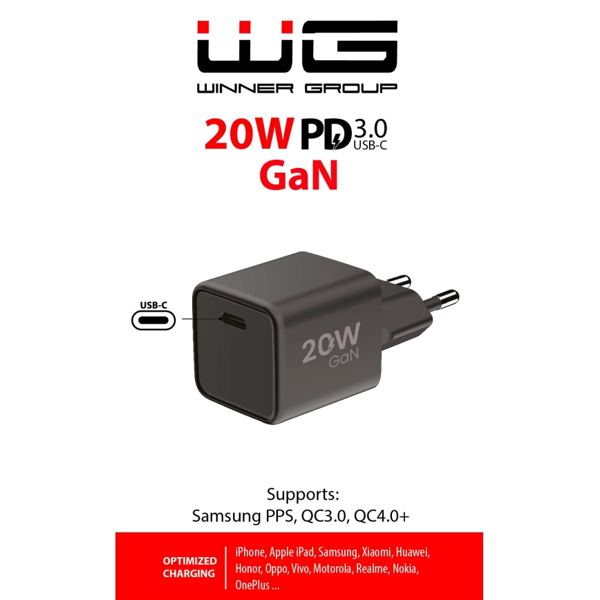 Winner Group - Ātrās uzlādes adapteris 1xUSB-C Power Delivery 20W melna