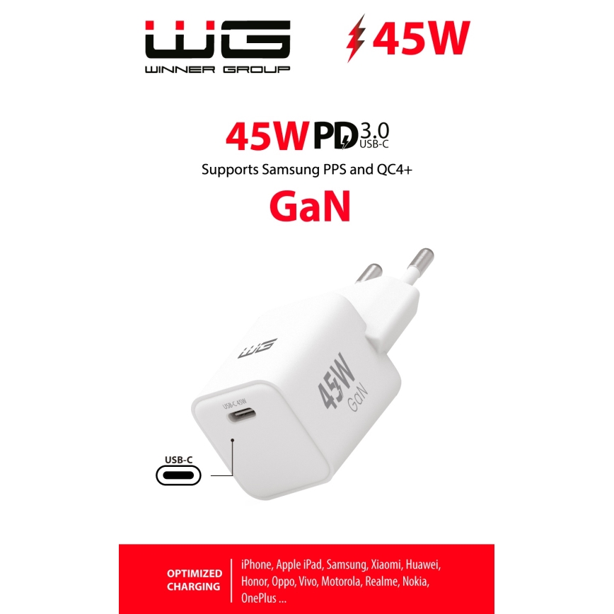 Winner Group - Ātrās uzlādes adapteris 1xUSB-C Power Delivery 45W balta