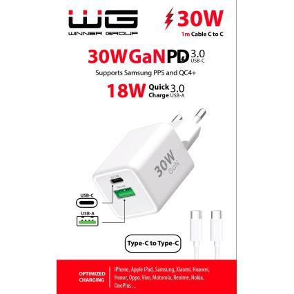 Winner Group - Ātrās uzlādes adapteris 2xUSB PD 30W + USB vads USB-C / USB-C 1m