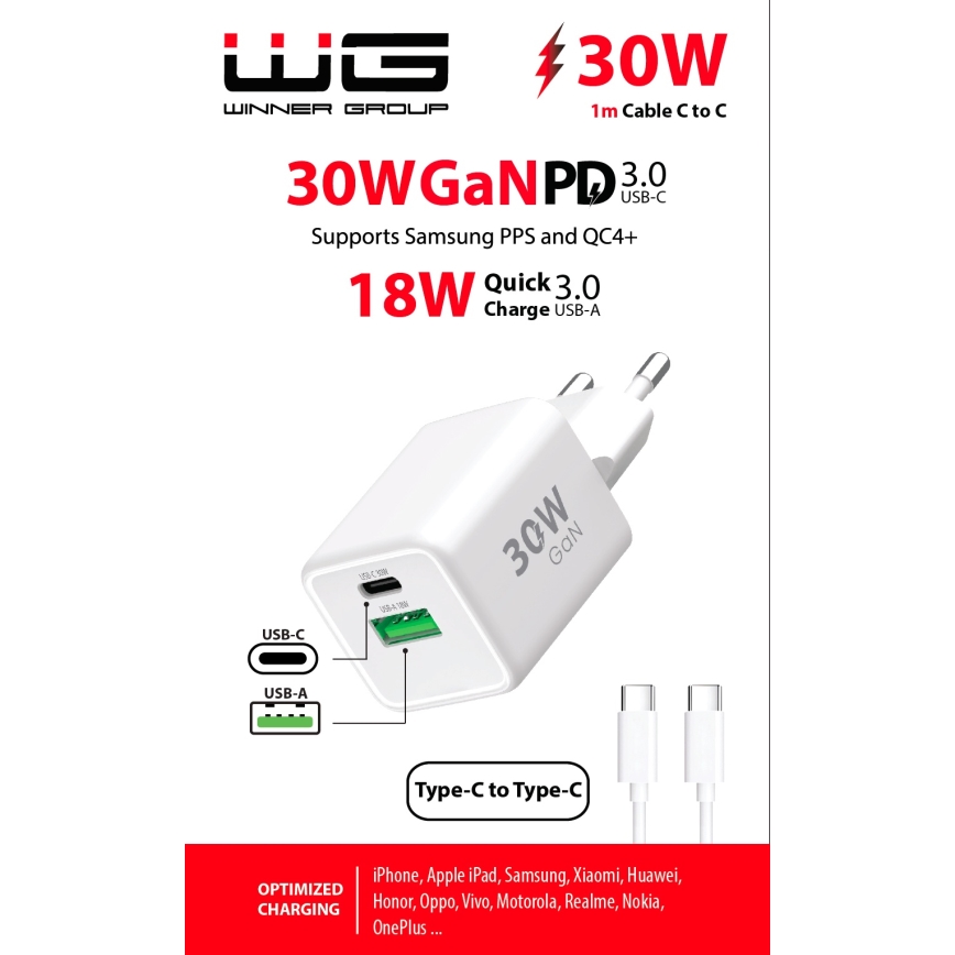 Winner Group - Ātrās uzlādes adapteris 2xUSB PD 30W + USB vads USB-C / USB-C 1m