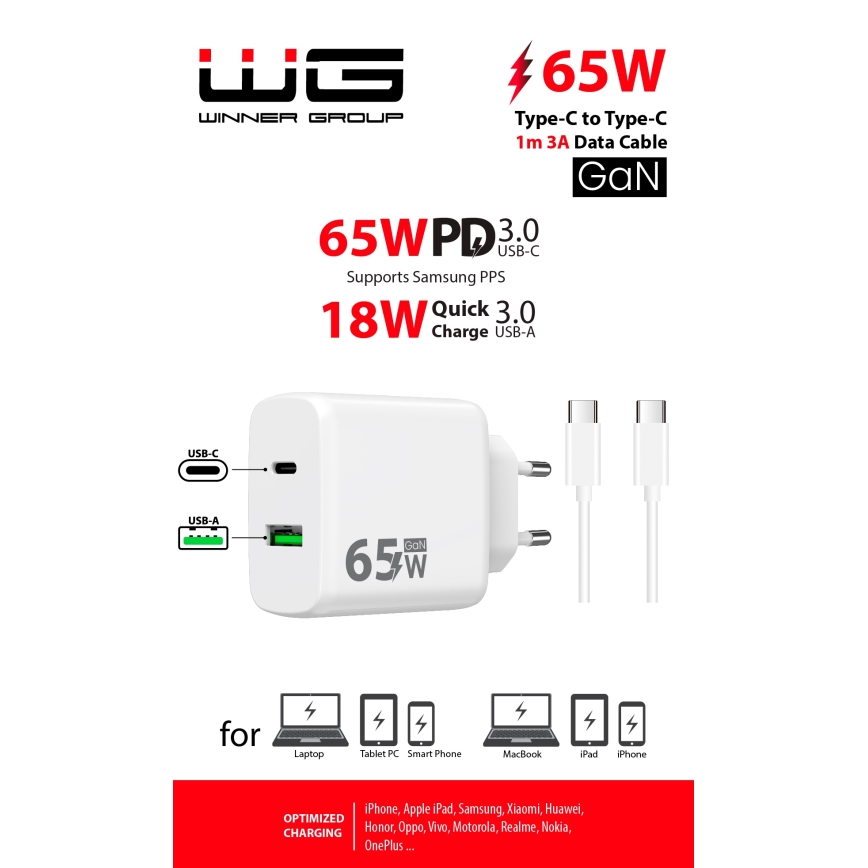 Winner Group - Ātrās uzlādes adapteris 2xUSB PD 65W + USB vads USB-C / USB-C 1m