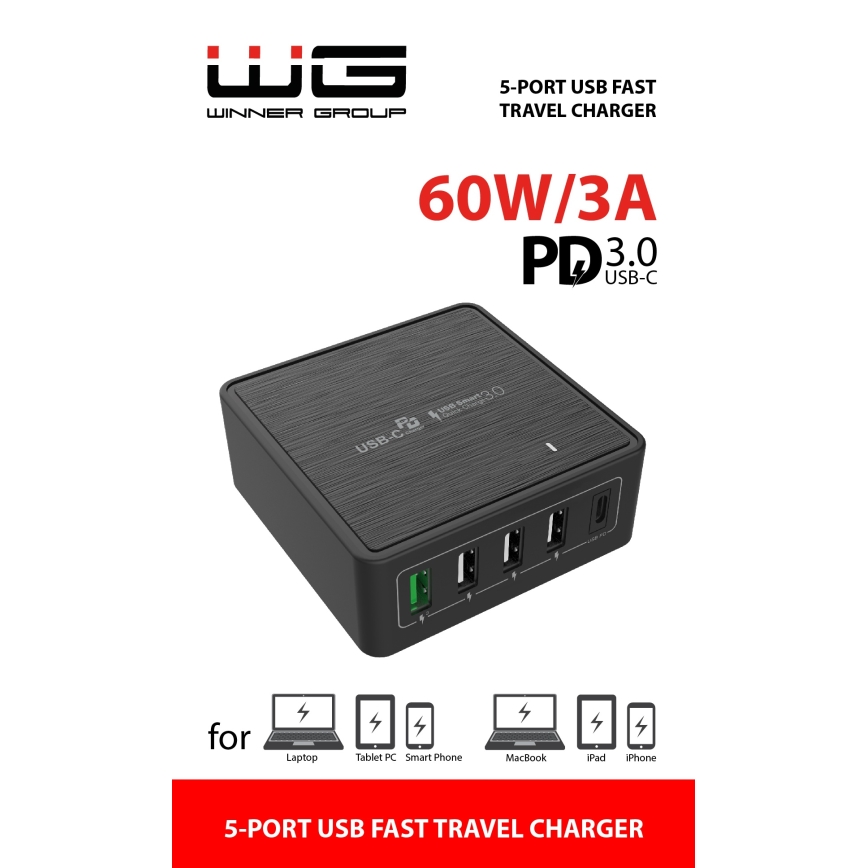 Winner Group - Ātrās uzlādes adapteris 5xUSB-C Power Delivery 60W melna