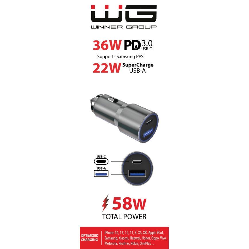Winner Group - Auto lādētājs 1xUSB-C + 1xUSB-A Power Delivery 58,5W sudraba