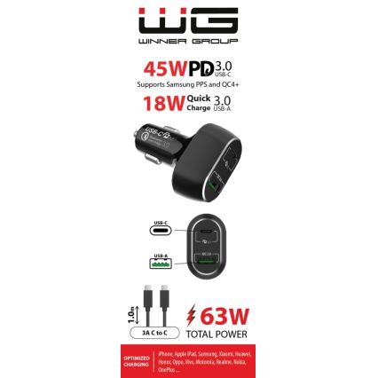 Winner Group - Auto lādētājs 1xUSB-C + 1xUSB-A Power Delivery 63W + USB vads USB-C / USB-C 1 m melna