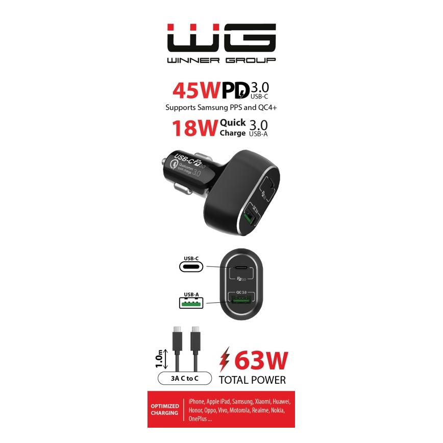 Winner Group - Auto lādētājs 1xUSB-C + 1xUSB-A Power Delivery 63W + USB vads USB-C / USB-C 1 m melna