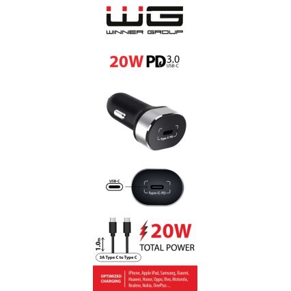Winner Group - Auto lādētājs 1xUSB-C Power Delivery 20W + USB vads USB-C / USB-C 1 m melna