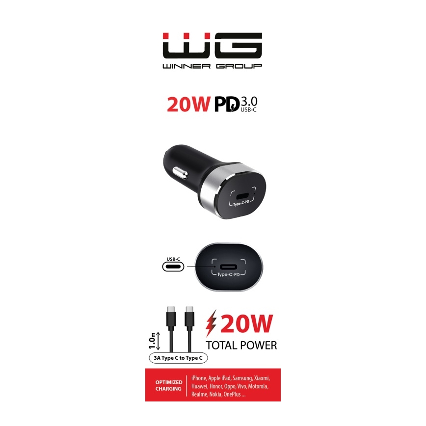 Winner Group - Auto lādētājs 1xUSB-C Power Delivery 20W + USB vads USB-C / USB-C 1 m melna