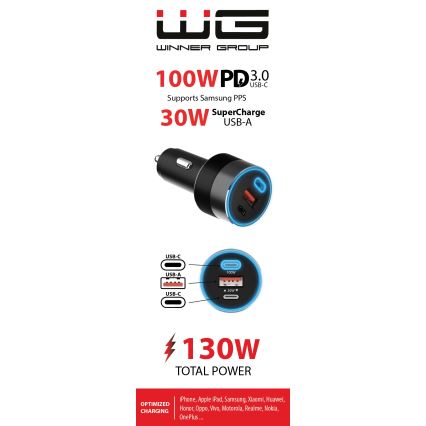 Winner Group - Auto lādētājs 2xUSB-C + 1xUSB-A Power Delivery 130W melna
