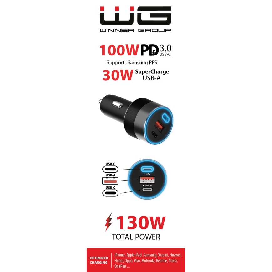 Winner Group - Auto lādētājs 2xUSB-C + 1xUSB-A Power Delivery 130W melna