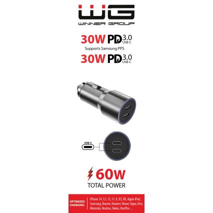 Winner Group - Auto lādētājs 2xUSB-C Power Delivery 60W sudraba