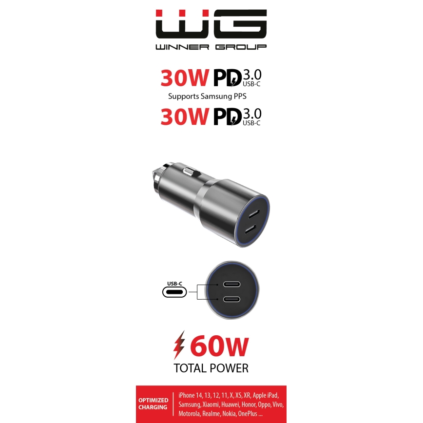 Winner Group - Auto lādētājs 2xUSB-C Power Delivery 60W sudraba