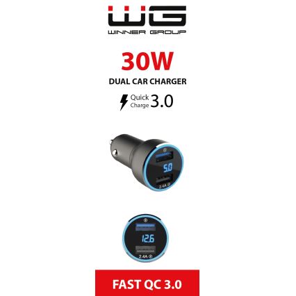 Winner Group - Auto lādētājs ar ekrāns 2xUSB-A Power Delivery 30W melna