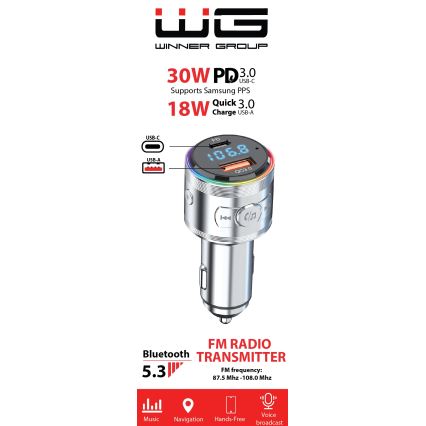 Winner Group - Auto lādētājs ar FM raidītāju un brīvroku funkciju 20W sudraba