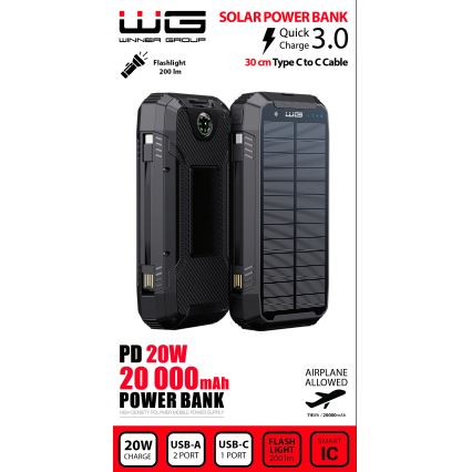 Winner Group - Lādētājakumulators ar bezvadu lādētāju un saules enerģijas panelis 20000 mAh 20W PD