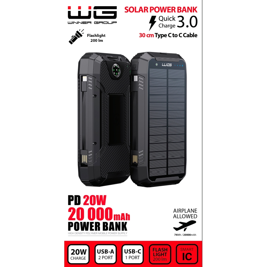 Winner Group - Lādētājakumulators ar bezvadu lādētāju un saules enerģijas panelis 20000 mAh 20W PD