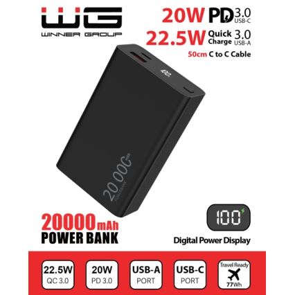 Winner Group - Lādētājakumulators ar ekrānu 20000 mAh 20W Power Delivery melna