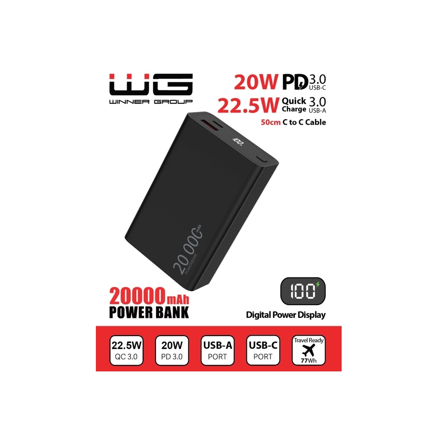Winner Group - Lādētājakumulators ar ekrānu 20000 mAh 20W Power Delivery melna