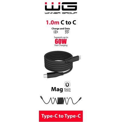 Winner Group - Magnētisks USB vads USB-C / USB-C 60W 1m melna