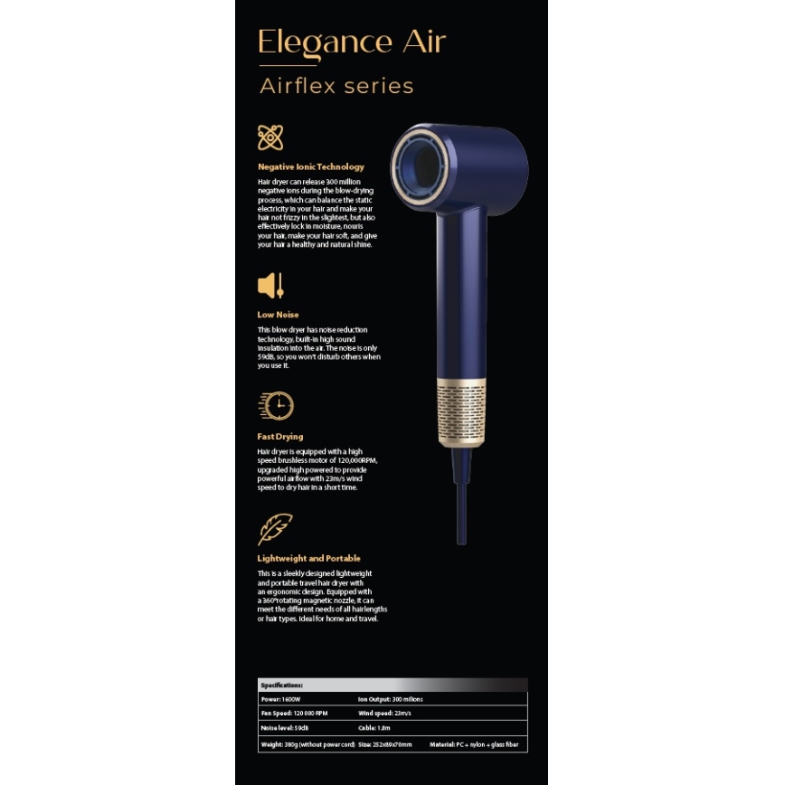 Winner Group - Matu fēns ar jonizatoru Elegance Air 1600W/230V zila SCHUKO