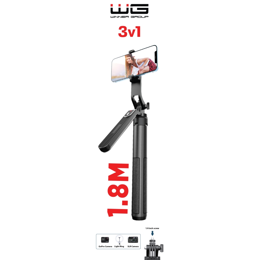 Winner Group - Selfiju nūja 3in1 ar statīvu 55 mAh 180 cm melna