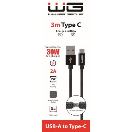 Winner Group - USB kabelis USB-C / USB-A, 30 W, 3 m, melns