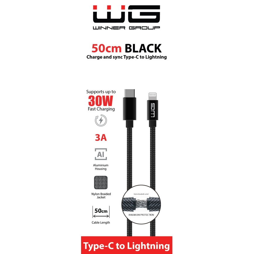 Winner Group - USB vads Lightning / USB-C 60W 50cm melna