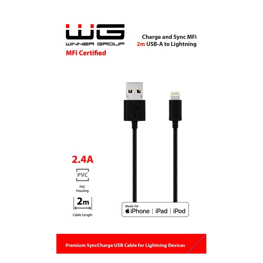 Winner Group - USB vads MFI Lightning / USB-A 2m melna