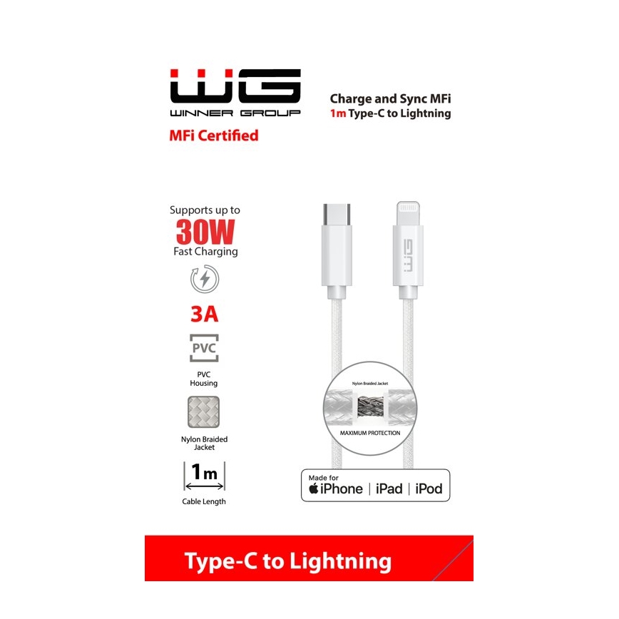 Winner Group - USB vads MFI Lightning / USB-C 1m balta