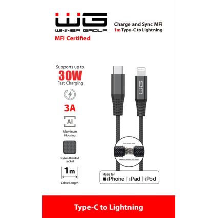 Winner Group - USB vads MFI Lightning / USB-C 1m melna