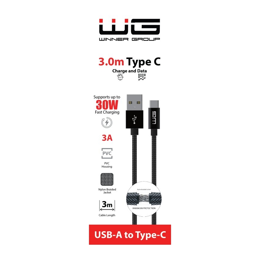 Winner Group - USB vads USB-C / USB-A 3m melna