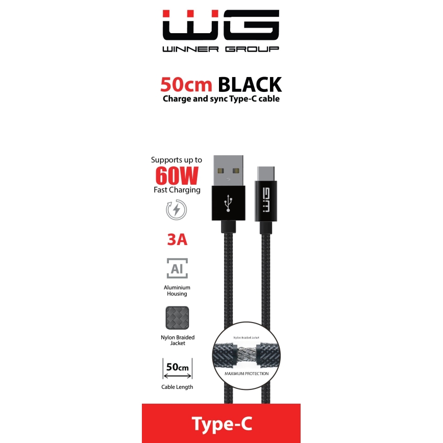 Winner Group - USB vads USB-C / USB-A 50cm melna