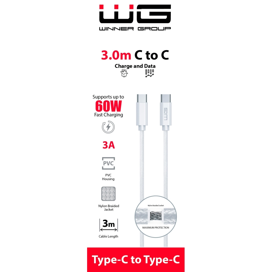 Winner Group - USB vads USB-C / USB-C 60W 3m balta