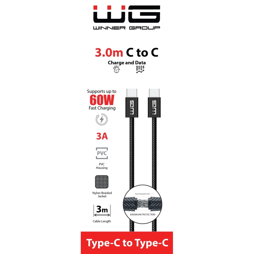Winner Group - USB vads USB-C / USB-C 60W 3m melna