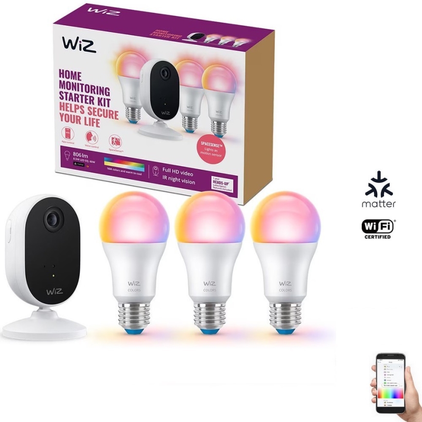 WiZ - Komplekts mājsaimniecības uzraudzībai: 1x kamera + 3x LED RGB spuldze A60 E27/8,5W/230V Wi-Fi