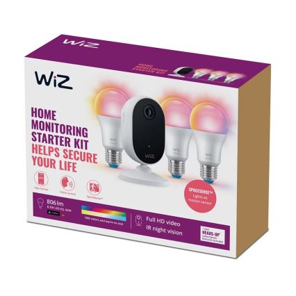 WiZ - Komplekts mājsaimniecības uzraudzībai: 1x kamera + 3x LED RGB spuldze A60 E27/8,5W/230V Wi-Fi