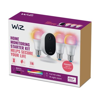 WiZ - Komplekts mājsaimniecības uzraudzībai: 1x kamera + 3x LED RGB spuldze A60 E27/8,5W/230V Wi-Fi