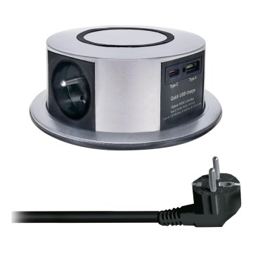 Zaliekamais stabs galda virsmai ar Qi bezvadu uzlādi 3x230V + 1xUSB-A + 1xUSB-C sudraba/melns