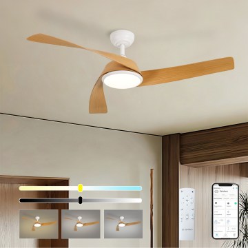 ZEVENTI - AERYS LED griestu ventilators ar regulējamu apgaismojumu LED/24W/230V 3000/4000/6000K Wi-Fi Tuya balts/ozols + tālvadības pults