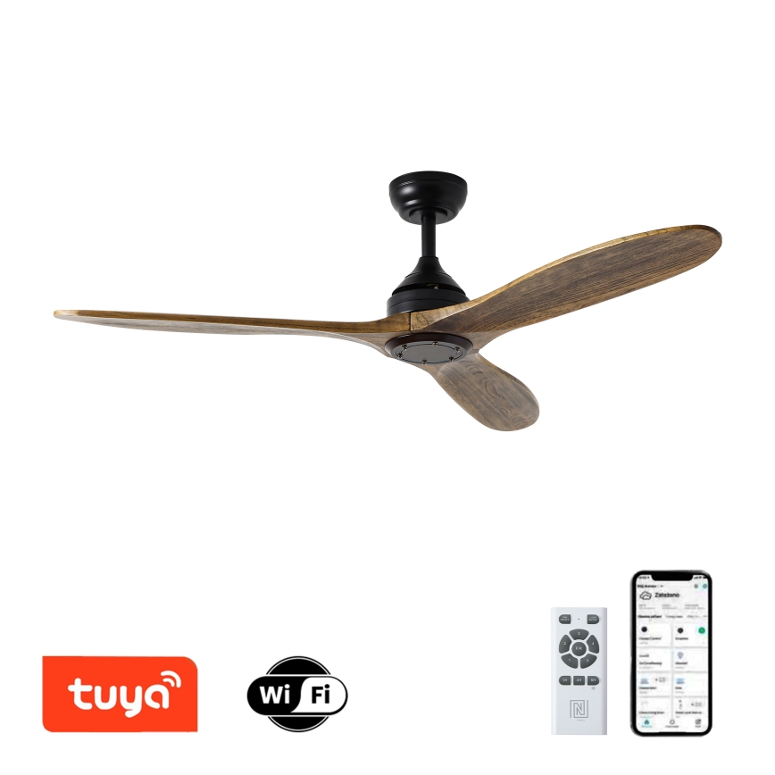 ZEVENTI - Griestu ventilators LAURIA Wi-Fi Tuya melna/ozols + tālvadības pults