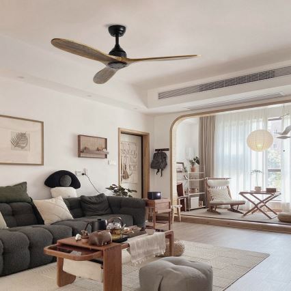 ZEVENTI - Griestu ventilators LAURIA Wi-Fi Tuya melna/ozols + tālvadības pults