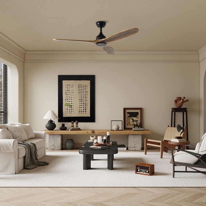 ZEVENTI - Griestu ventilators LAURIA Wi-Fi Tuya melns/ozols + tālvadības pults