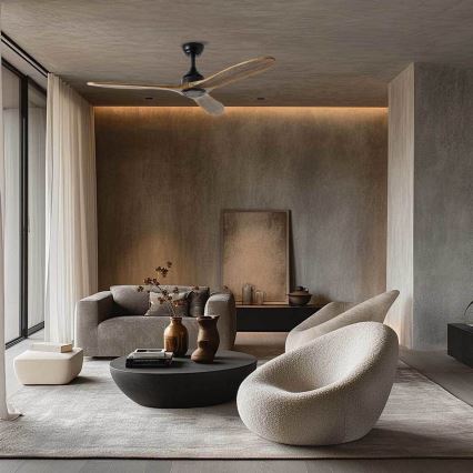 ZEVENTI - Griestu ventilators LAURIA Wi-Fi Tuya melns/ozols + tālvadības pults