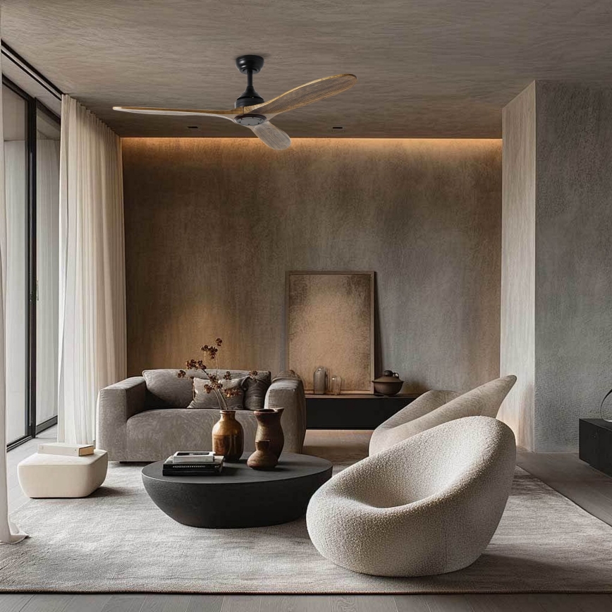 ZEVENTI - Griestu ventilators LAURIA Wi-Fi Tuya melns/ozols + tālvadības pults